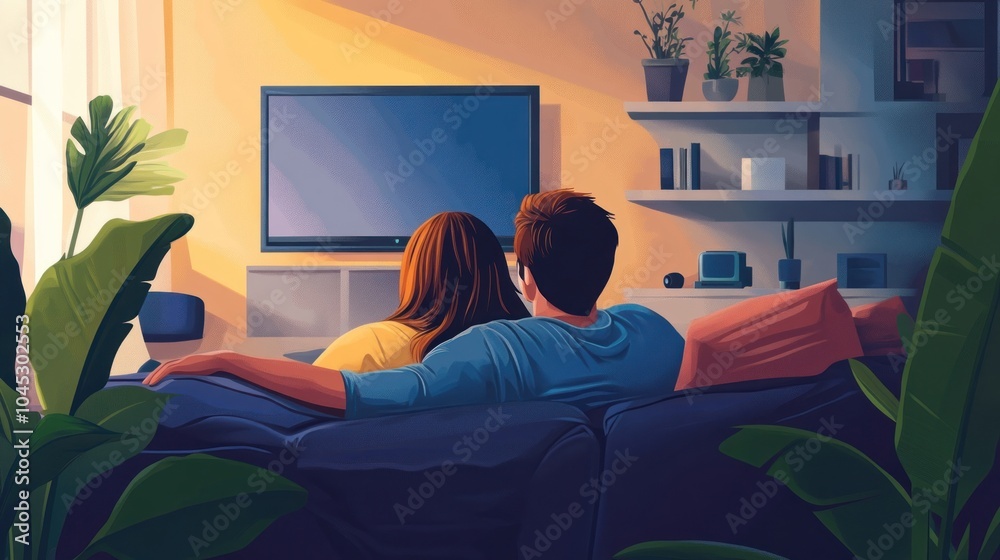 Couple Relaxing on Couch Watching TV Couple Relaxing on Couch Watching TV