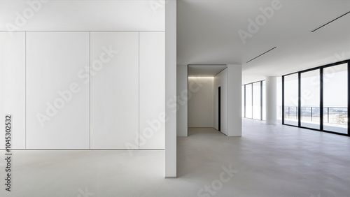 Empty white room with large windows. Vector realistic 3d interior of office, studio, modern living room in house or apartment. Minimal style of room design interior