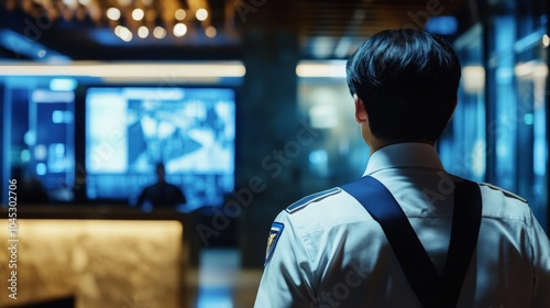 A close-up of a security guard standing at a reception desk, watching security cameras on a monitor, wearing a badge and uniform, ensuring safety in a high-tech corporate environment