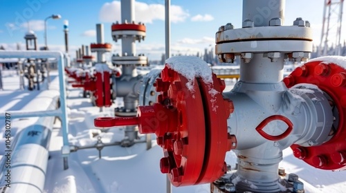 Snowcovered industrial valves and pipelines in a winter setting 