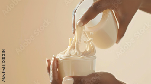 A bottle of body lotion being applied to soft skin, with the focus on deep hydration and smoothness photo