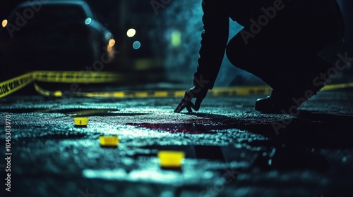 A close-up view of a crime scene with a bloodstained floor, yellow evidence markers, and police tape, with a detective kneeling to inspect a crucial clue, in a dark, moody setting photo