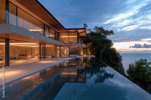 A sleek and modern glass house perched on a hillside, featuring expansive views of the ocean at sunset, blending nature with stylish contemporary living spaces.