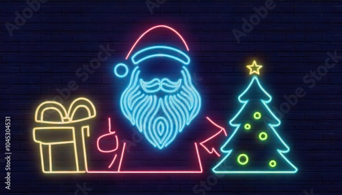 neon chirsmas santa claus, christmas tree and christmas gift symbols on brick wall photo