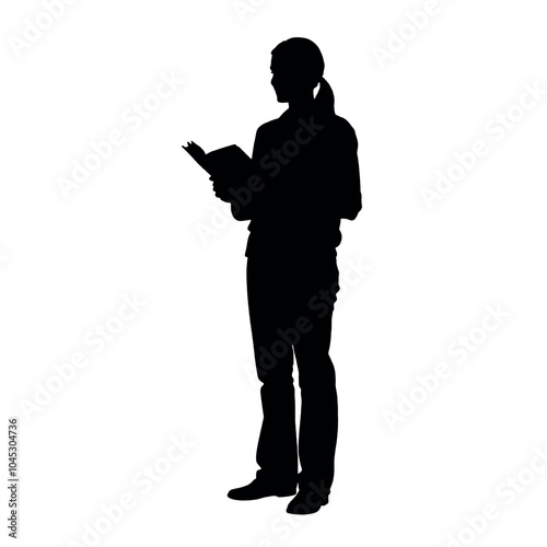 A silhouette of a woman standing and holding a book isolated white background