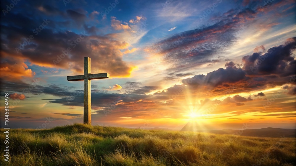 Christian cross in serene landscape at sunset with soft lighting, symbolizing faith and tranquility Christian cross in serene landscape at sunset with soft lighting, symbolizing faith and tranquility