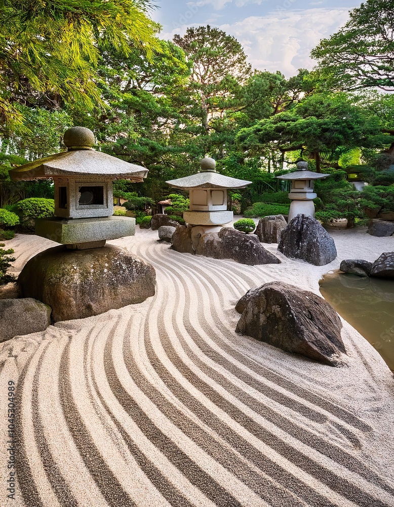 Peaceful Zen Garden with Raked Sand, Stone Lanterns, and Tranquil Water Features Peaceful Zen Garden with Raked Sand, Stone Lanterns, and Tranquil Water Features