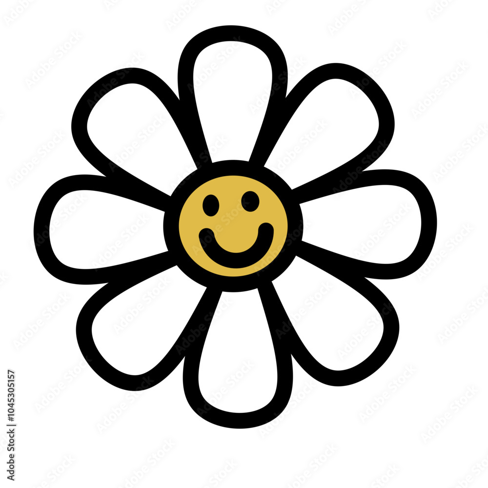 White smiling daisy chamomile flower. Groovy retro icon set. 60s, 70s hippie psychedelic style. Trendy graphic print. Sunny template. Flat design. Isolated. Vector illustration White smiling daisy chamomile flower. Groovy retro icon set. 60s, 70s hippie psychedelic style. Trendy graphic print. Sunny template. Flat design. Isolated. Vector illustration