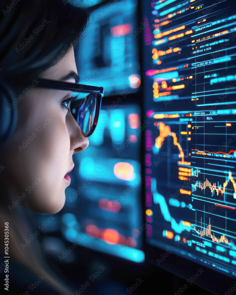 A focused woman analyzes data on multiple screens, showcasing the intersection of technology and finance in a modern workspace. A focused woman analyzes data on multiple screens, showcasing the intersection of technology and finance in a modern workspace.