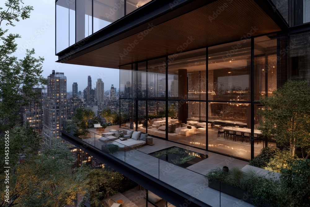 A luxurious apartment featuring expansive glass walls, contemporary decor, and a plant-filled balcony overlooking a vibrant city skyline at dusk. A luxurious apartment featuring expansive glass walls, contemporary decor, and a plant-filled balcony overlooking a vibrant city skyline at dusk.