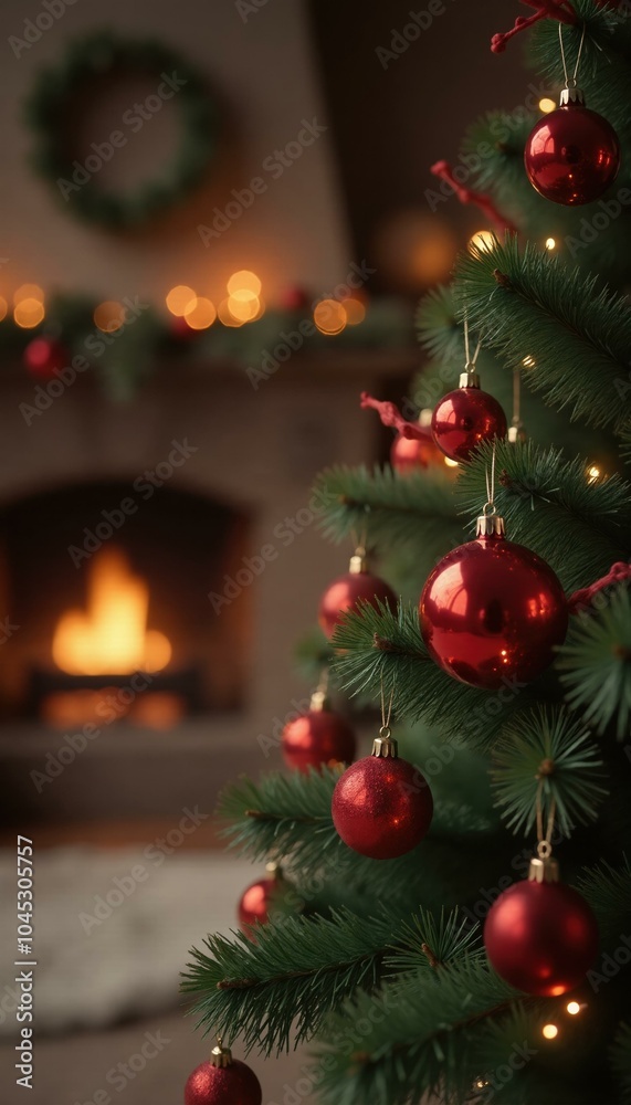 Cozy Christmas Eve Fireplace and Decorated Tree, Festive Winter Holiday Concept. Cozy Christmas Eve Fireplace and Decorated Tree, Festive Winter Holiday Concept.