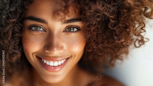 Bright and Beautiful Woman with Curly Hair Smiling Naturally