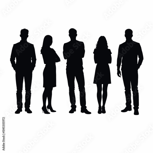 Five silhouettes of people standing together, including two men and three women of varying heights and builds