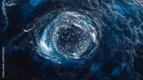 A dramatic aerial view of an ocean gyre filled with floating plastic waste, bottles, and other debris, swirling in the middle of the sea, surrounded by deep blue water, highlighting 