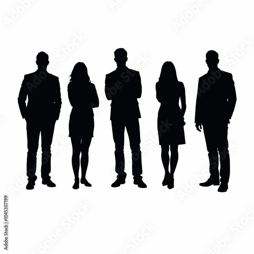 Five silhouettes of people standing together, including two men and three women of varying heights and builds