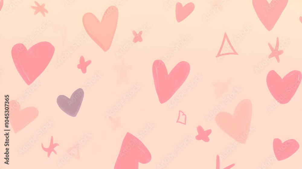 A soft pink background featuring simple flat design hearts and stars scattered across the canvas, creating a playful and sweet atmosphere