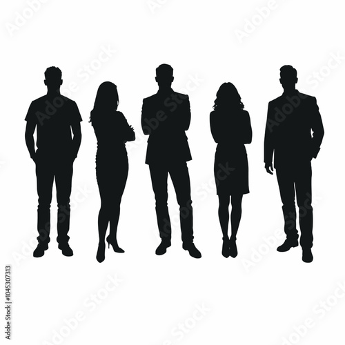 Five silhouettes of people standing together, including two men and three women of varying heights and builds