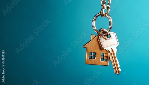 House keys with keychain on blue background photo