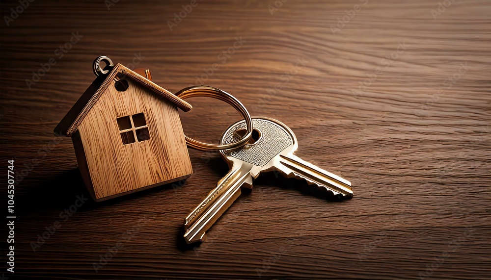 House key with wooden keychain on table House key with wooden keychain on table
