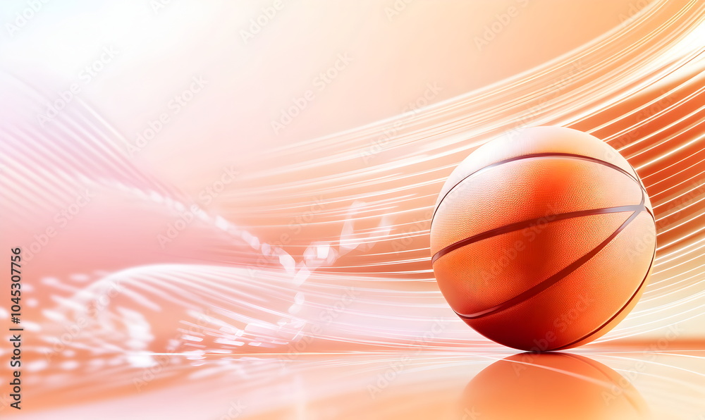 Obraz premium Dynamic Basketball Flow: Abstract basketball art. A vibrant orange basketball floats amidst swirling, peach-colored abstract waves, creating a dynamic and energetic composition. 