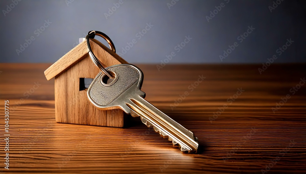 House key on wooden table with miniature house. House key on wooden table with miniature house.