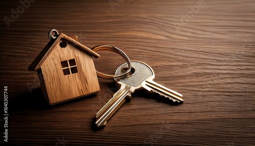 House key with wooden keychain on table photo