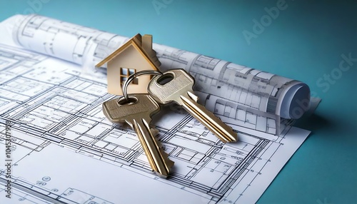 House keys on blueprints for new home.