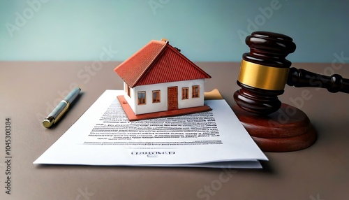 Legal documents, house model, gavel on table