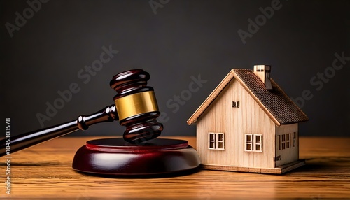 Gavel and wooden house on a desk.