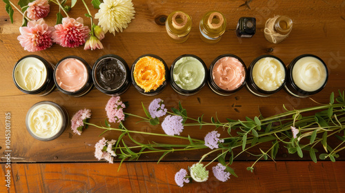 A collection of body butters in various scents, arranged on a wooden table next to fresh flowers and essential oils photo