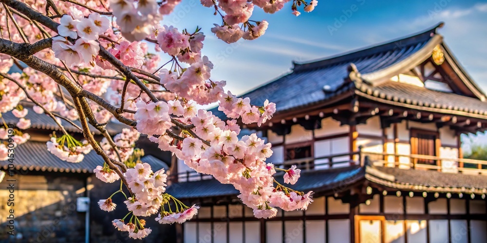 Cherry blossoms in full bloom against the silhouette of a Japanese sake brewery in Kyoto Fushimi Cherry blossoms in full bloom against the silhouette of a Japanese sake brewery in Kyoto Fushimi