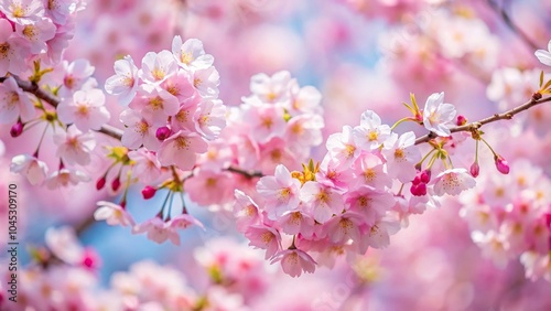 Cherry blossoms in full bloom with delicate pink petals falling