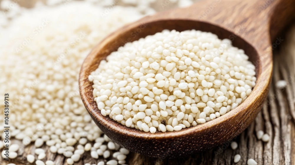 A wooden spoon filled with white sesame seeds on a rustic wooden surface. A wooden spoon filled with white sesame seeds on a rustic wooden surface.