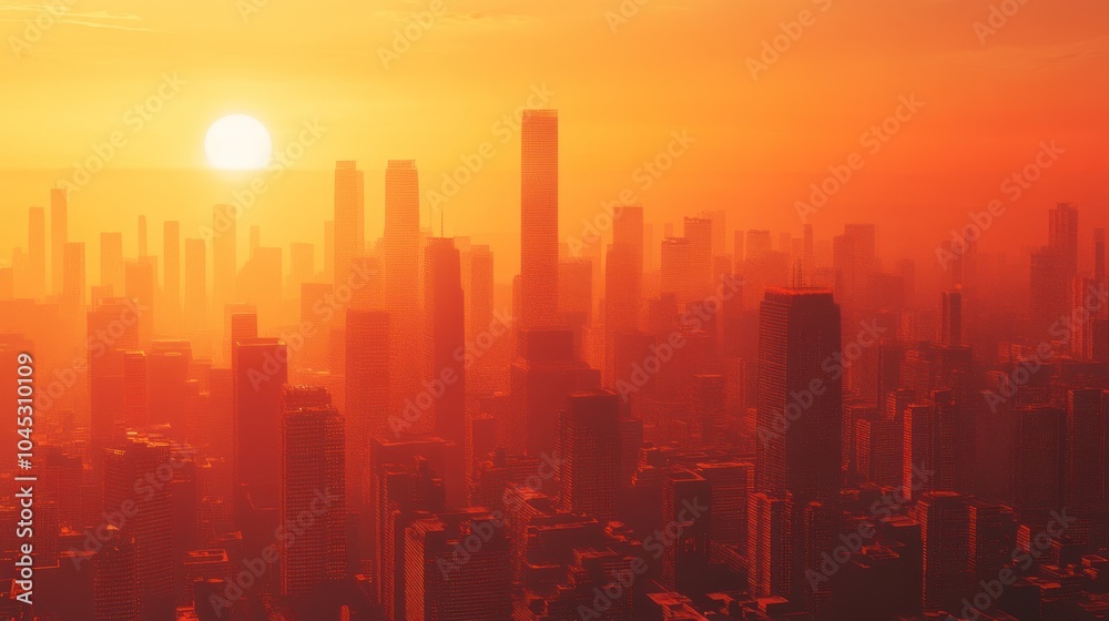 Fototapeta premium Urban heat islands and their amplification of global warming, with dense cities absorbing heat.