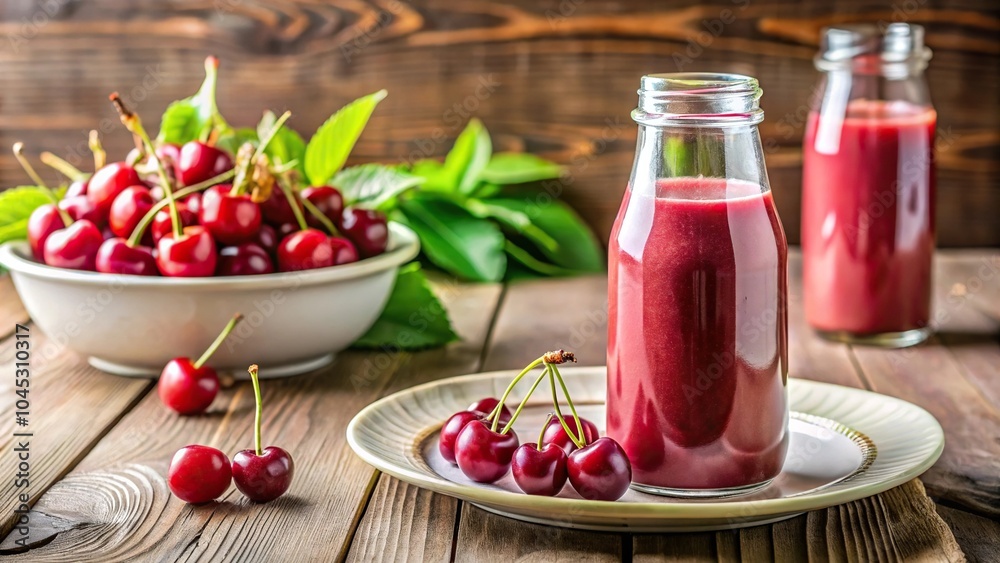 Cherry smoothie bottle on white background with cherries in plate, perfect for summer morning breakfast Cherry smoothie bottle on white background with cherries in plate, perfect for summer morning breakfast