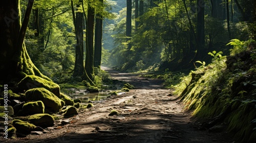 Sunlit Path Through a Lush Green Forest