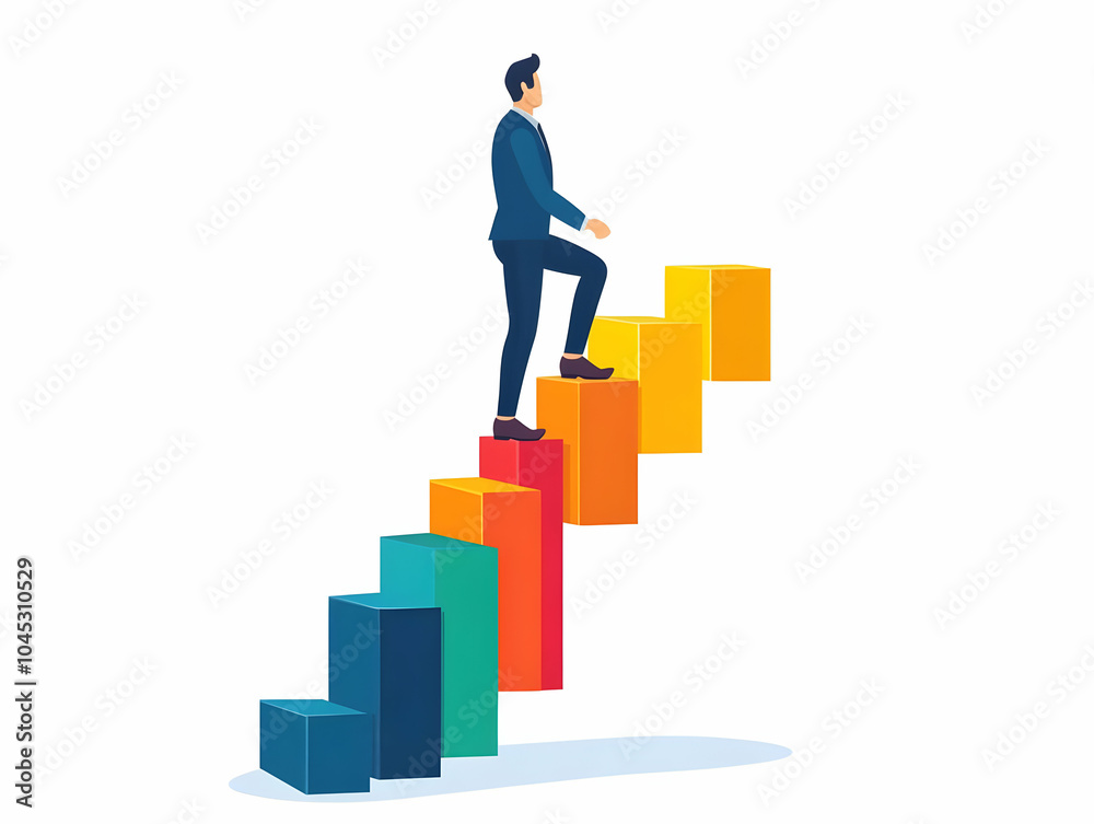 Flat businessman climbing staircase bar graphs business growth isolated white creative professional progress minimalistic abundant copy space vector illustration smart business tone Flat businessman climbing staircase bar graphs business growth isolated white creative professional progress minimalistic abundant copy space vector illustration smart business tone