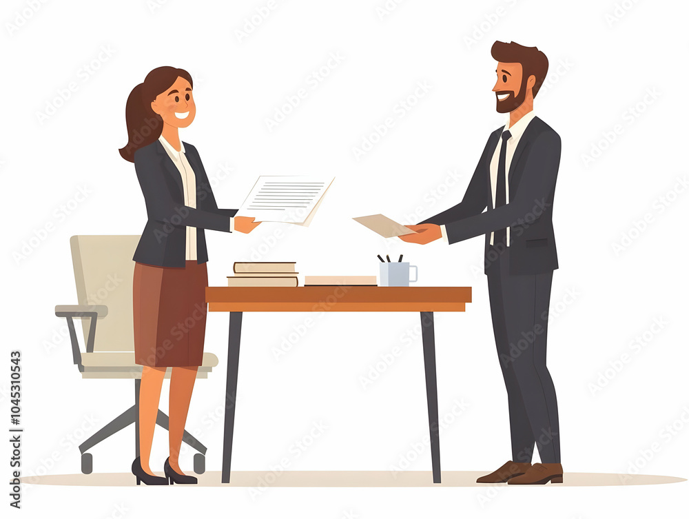 Flat vector illustration businessman businesswoman exchanging documents desk agreement smiling faces contract signing successful negotiation bright office copy space