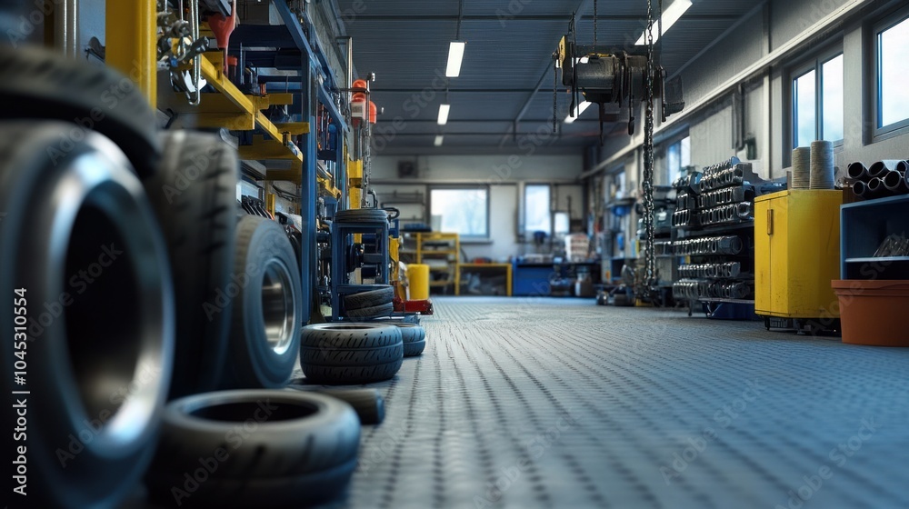 Naklejka premium Vehicle components factory with high-tech tools and equipment, efficiently producing car parts.