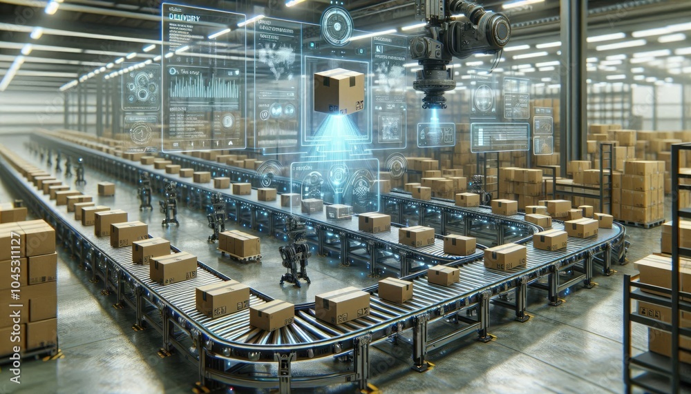 Fototapeta premium AI-Driven Logistics: Futuristic Automated Warehouse with Advanced Parcel Sorting, Real-Time Tracking, and AI-Enhanced Systems for Efficient Package Management and Delivery