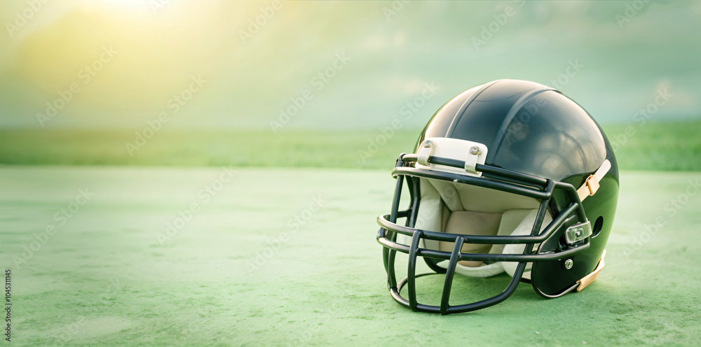 American football helmet in the field with a stadium in the background