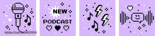 Podcast vector design elements. Pixel art. Y2k. Trendy retro square card set. Playful modern shapes for post, poster, cover, bg. Heart, microphone, music note, radio. Mood of 90's aesthetics. 8 bit