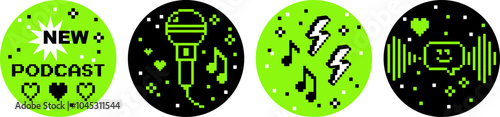 Podcast vector design elements. Pixel art. Y2k. Black, acid green. Trendy retro round sticker set. Playful modern shapes for collage, poster. Microphone, music note, radio. Mood of 90's aesthetics