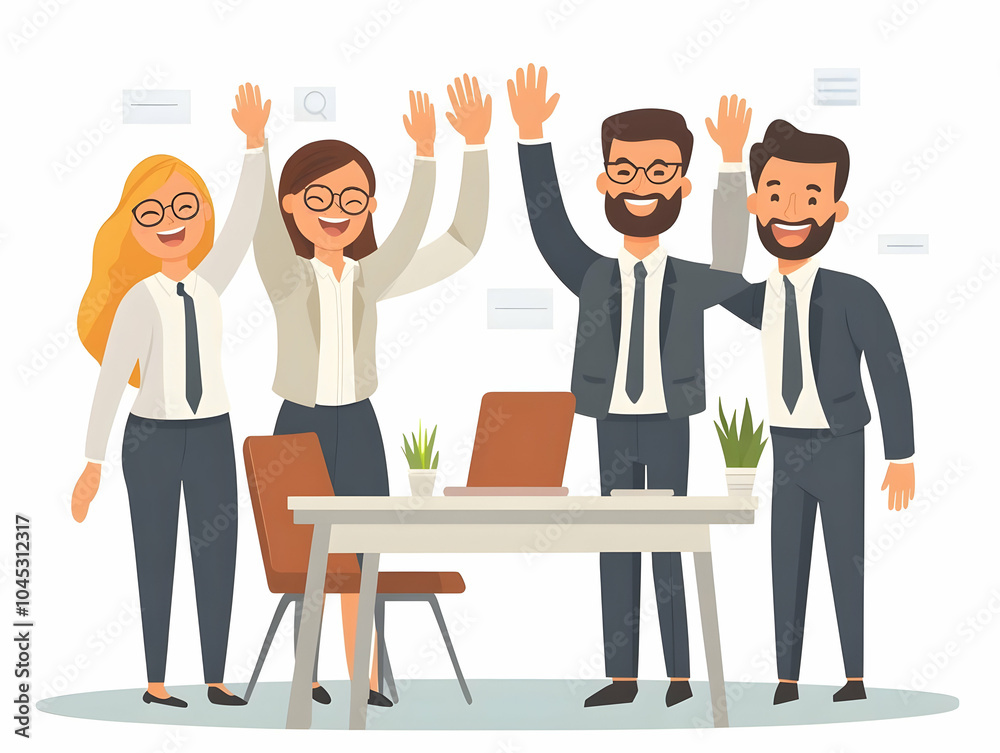 Flat Business Team Celebrating Success, High Fives in Modern Office, Candid Shot of Joyful Team Erupting in Celebration, Isolated on White Background, Simple Flat Vector Illustration of Smart Business Flat Business Team Celebrating Success, High Fives in Modern Office, Candid Shot of Joyful Team Erupting in Celebration, Isolated on White Background, Simple Flat Vector Illustration of Smart Business