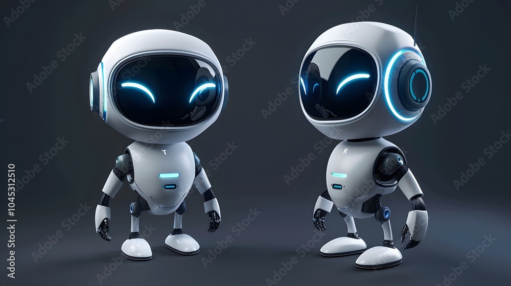 Two white robots with blue lights stand on a dark grey surface. Two white robots with blue lights stand on a dark grey surface.