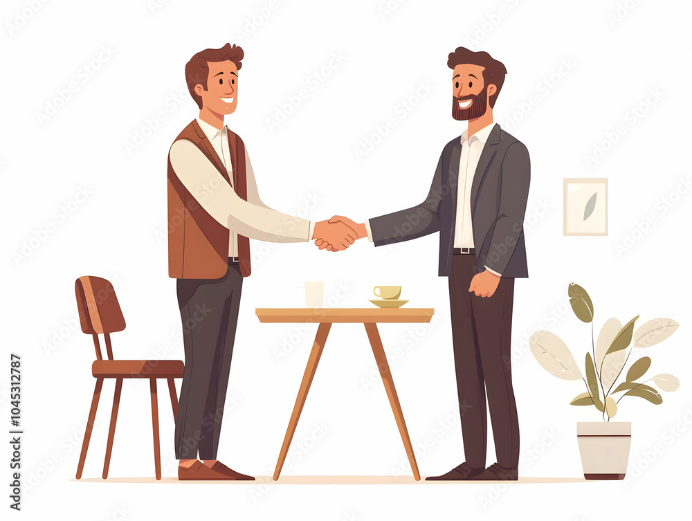 Flat Businessman Shaking Hands Sealing Deal Coffee Table Bright Caf? Candid Moment Handshake Expressions Natural Light Simple Flat Vector Illustration Smart Business Tone Flat Businessman Shaking Hands Sealing Deal Coffee Table Bright Caf? Candid Moment Handshake Expressions Natural Light Simple Flat Vector Illustration Smart Business Tone