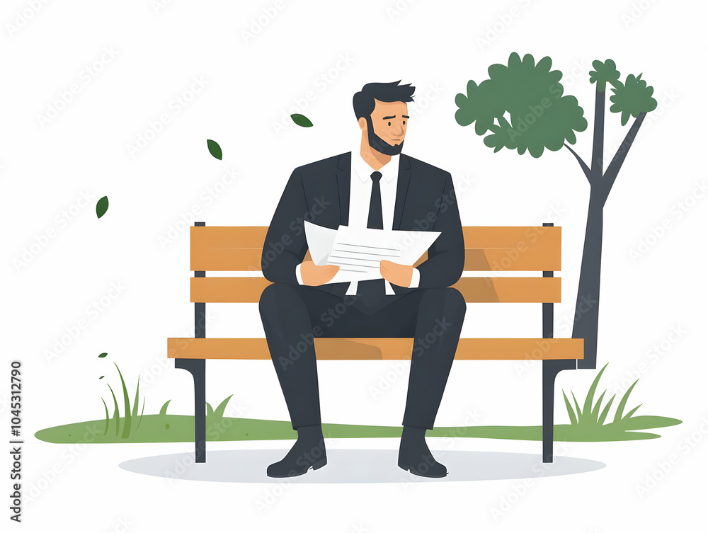 Flat Businessman Reviewing Contract Documents on Park Bench - Candid Photo of Professional Evaluation in Natural Setting, Isolated Design for Smart Business Tone, Vector Illustration