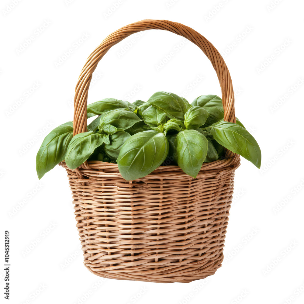 Fresh basil leaves in a wicker basket, white isolate background. Fresh basil leaves in a wicker basket, white isolate background.