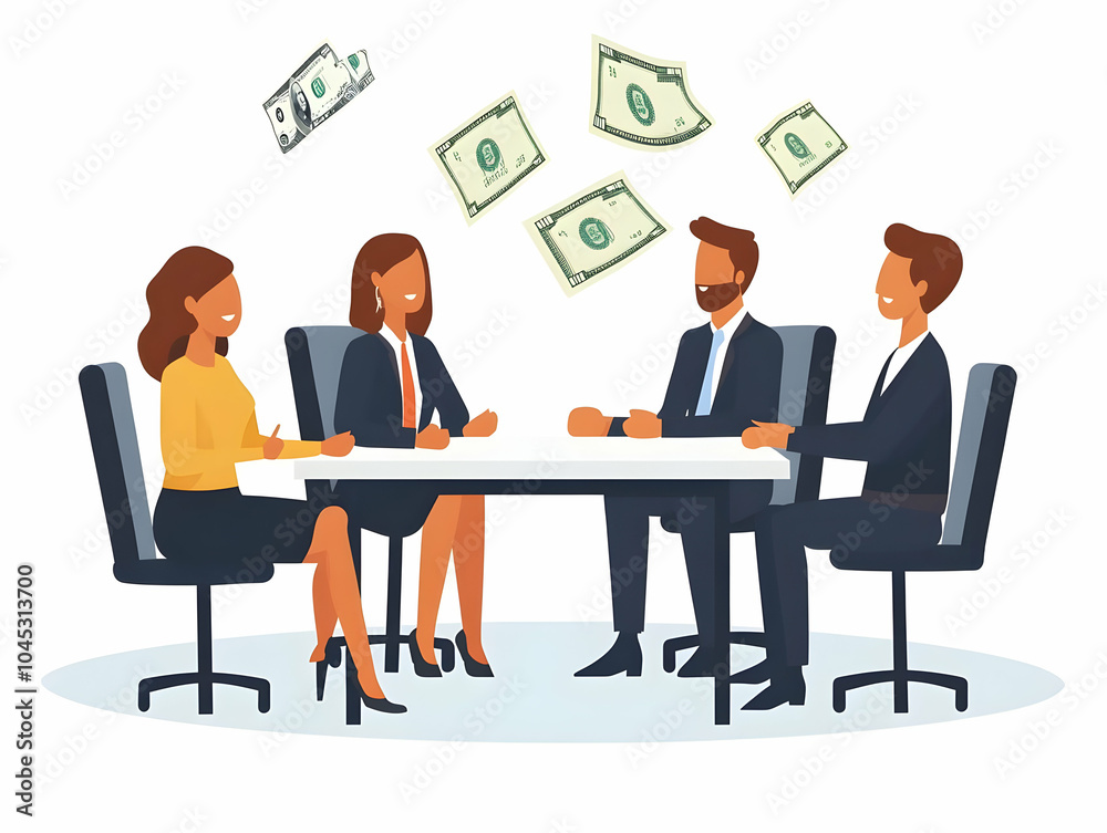 Flat Candid Business Meeting with Floating Dollar Signs Vector Illustration � Professionals Engaged in Financial Discussions and Business Strategies Isolated on White Background with Copy Space Flat Candid Business Meeting with Floating Dollar Signs Vector Illustration � Professionals Engaged in Financial Discussions and Business Strategies Isolated on White Background with Copy Space