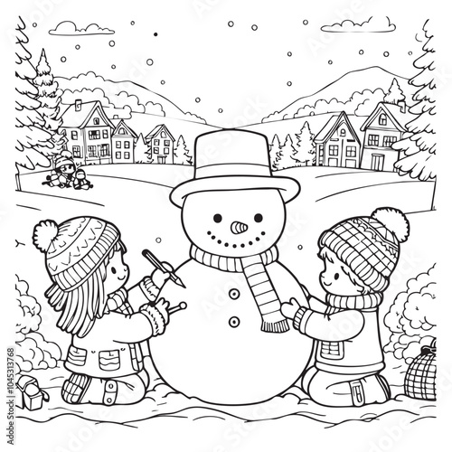 Coloring page for childrens. Two children dressed warmly are joyfully crafting a snowman wearing a hat and scarf against a wintery background of houses and mountains.